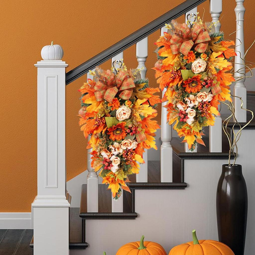 Fall Teardrop Swag Flower Maple Berry Wreath Decor Artificial Autumn Wreath Decor for Holiday Decorators Office Apartment Coffee