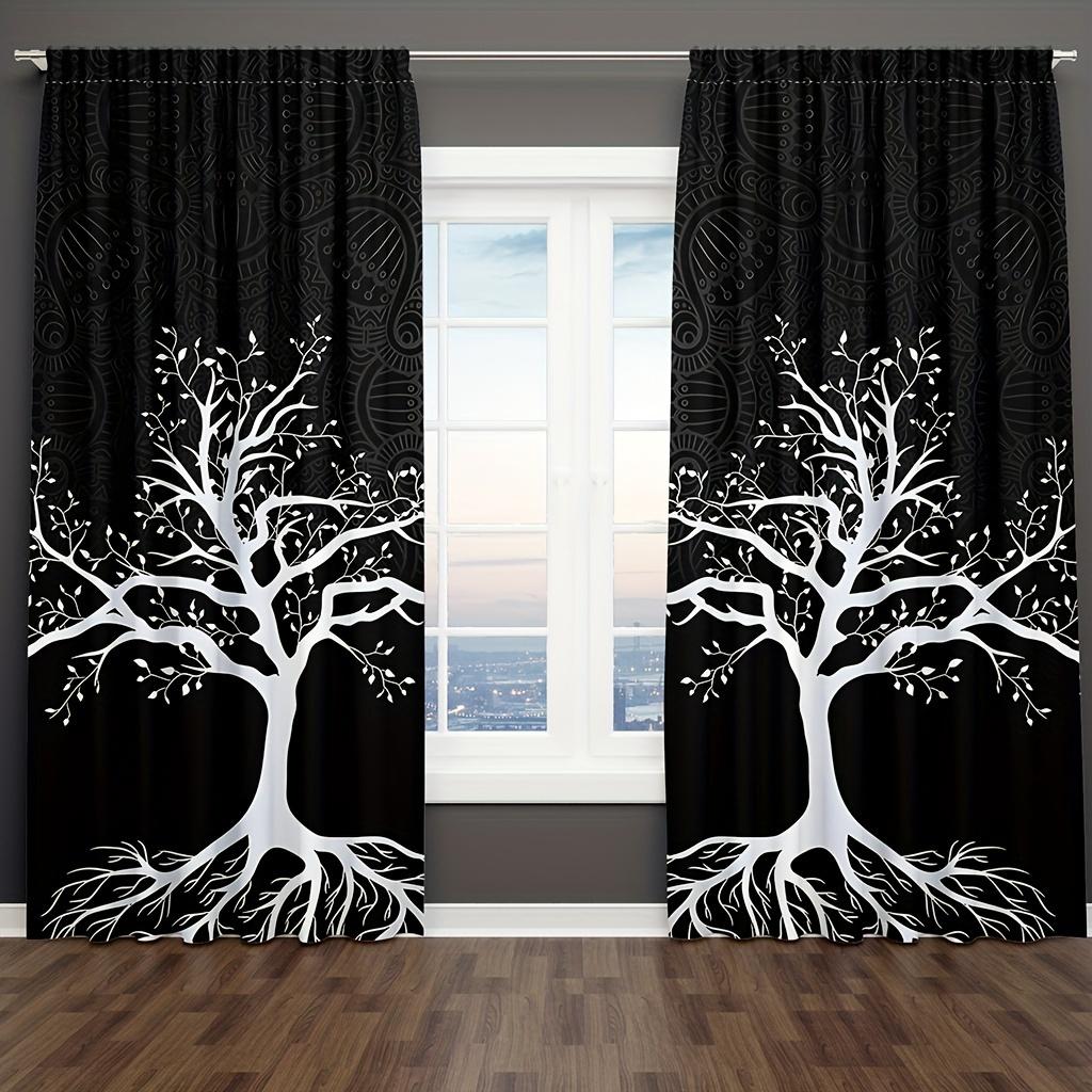 2pcs Tree Pattern Curtains Decorative Curtains 2Panels Black White Window Treatment For Bedroom Office Kitchen Living Room