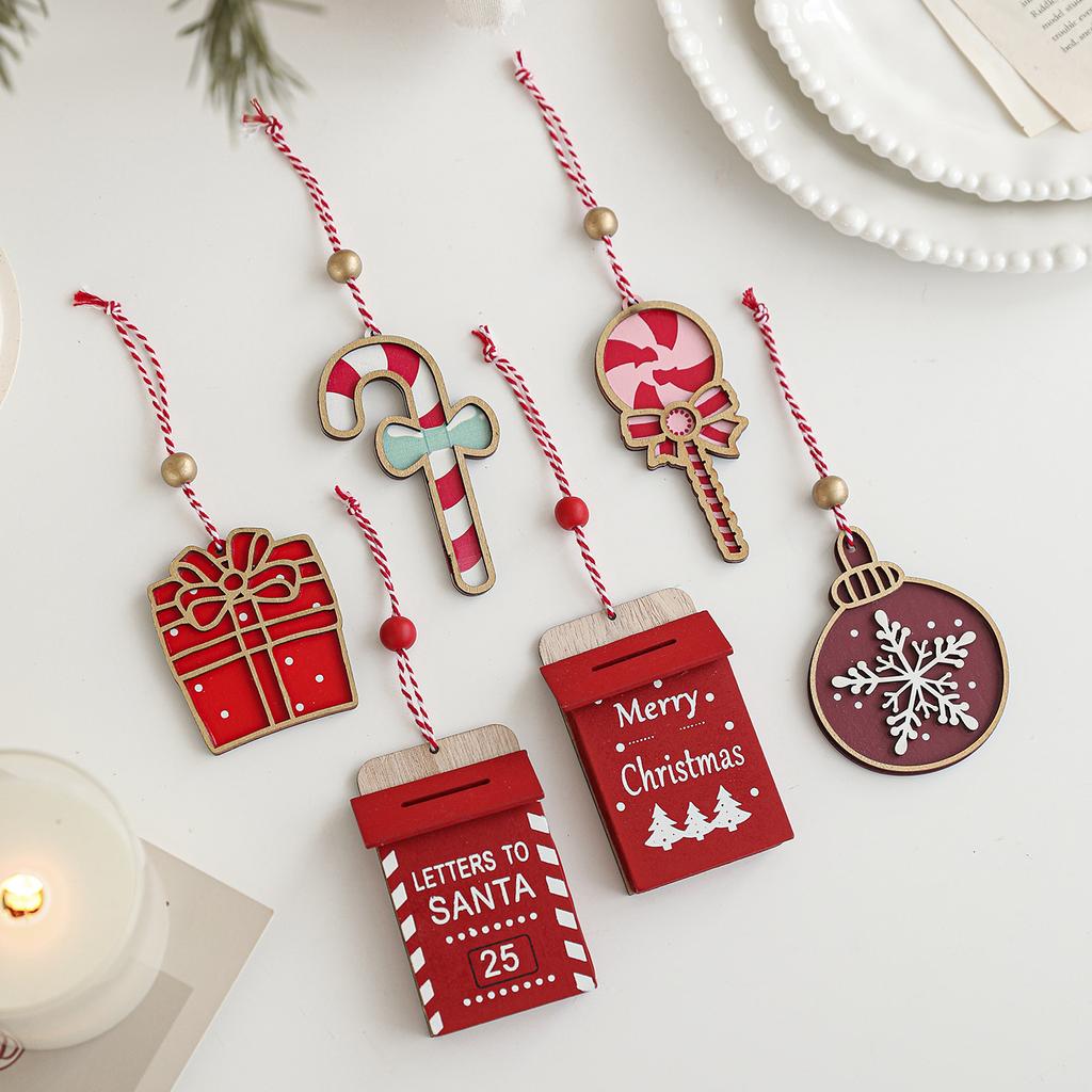 New 6 Styles Red Wooden Christmas Pendant Wood Snowflake Candy Cane Christmas Tree Ornament Decoration Navidad Natal Gift