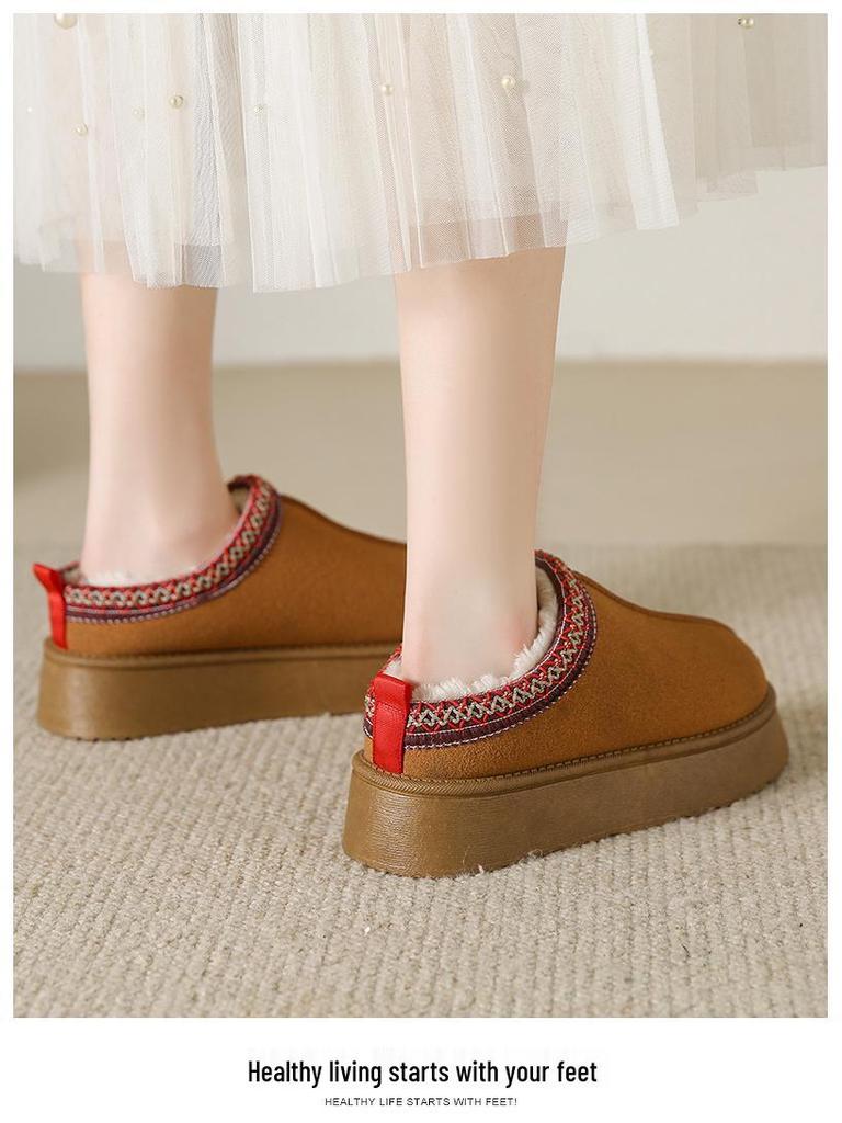 2023 Winter New Women's Ethnic Velvet-Lined Snow Boots with Thick Soles, Retro Half-Slippers, Casual Cotton Style