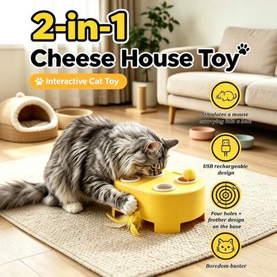 2-in-1 Cheese House Toy Interactive Cat Toy Scratch-Resistant & Bite-Resistant Stimulates Hunting Instinct for Indoor Adult Cats