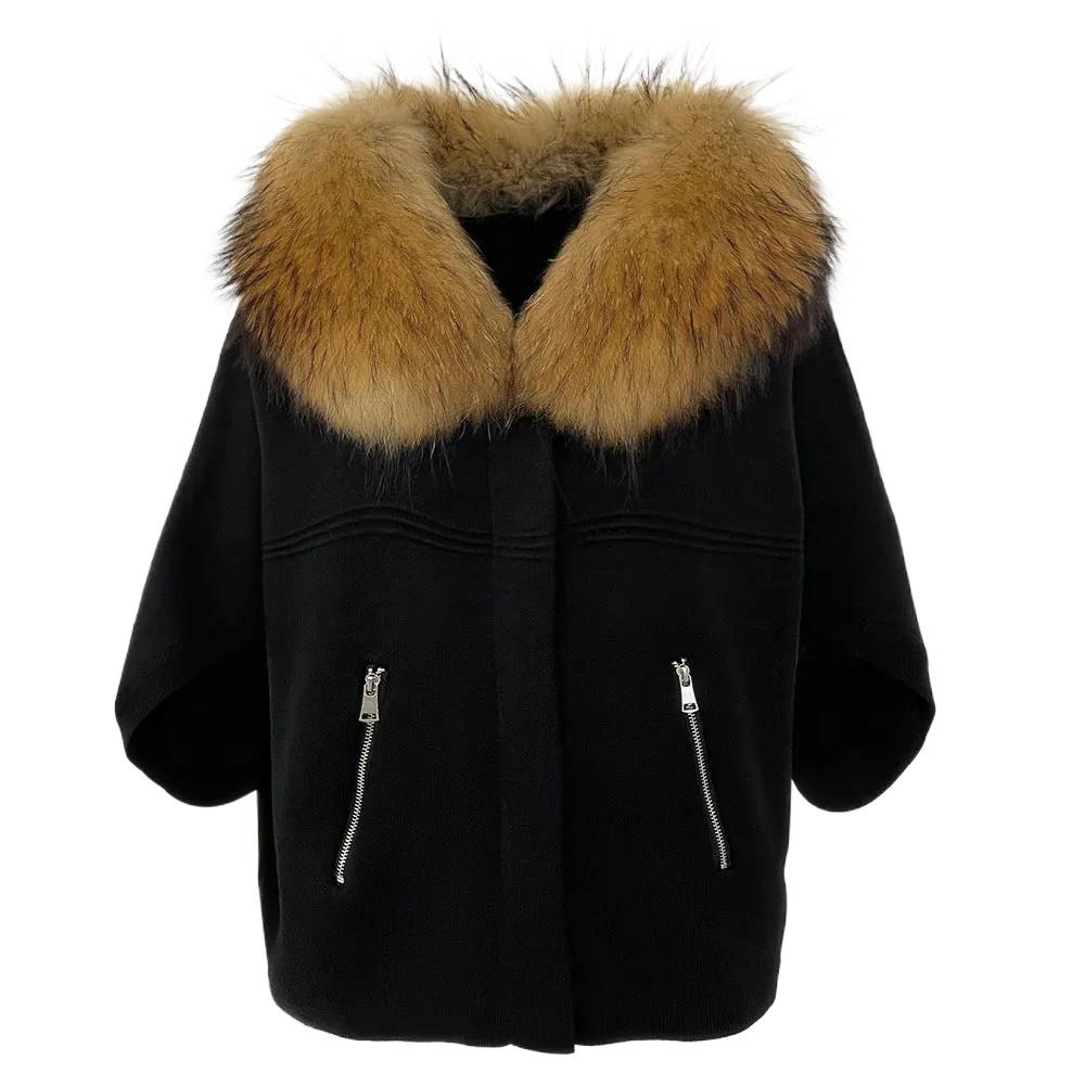 

OFTBUY 2024 осінь-зима пальто з хутряним коміром із справжнього лисиці і єнота В’язаний светр Жіноча куртка з коротким рукавом товста тепла One Size