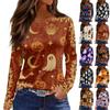 Women's Fashion Long Sleeve Neck Top with Slit Hem Halloween Print for Fall Party Occasion Wear