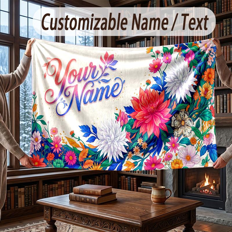 Floral Garden Theme Throw Blanket Custom Name Text Personalized Blanket Soft Cozy Blanket for Home Sofa Bed