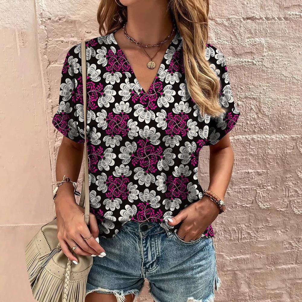 

Летний топ с V-образным вырезом и 3D этническим принтом, модная повседневная женская футболка с коротким рукавом 4XL