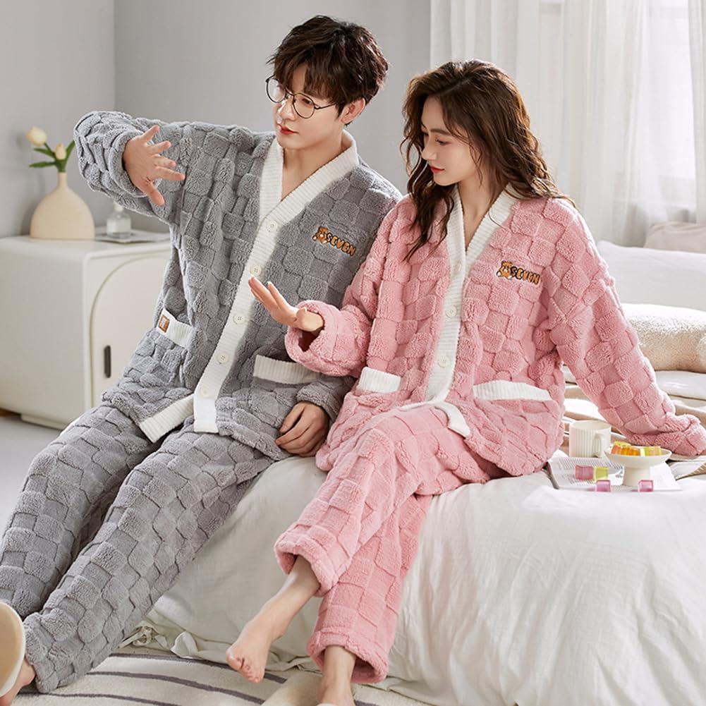 Matching Long Open Top and Bottom Set D.IIZOO Pajamas, Sleeves, Front, Winter, Fluffy, Warm, Cute, Thick, Loungewear, (Size L, Gray)