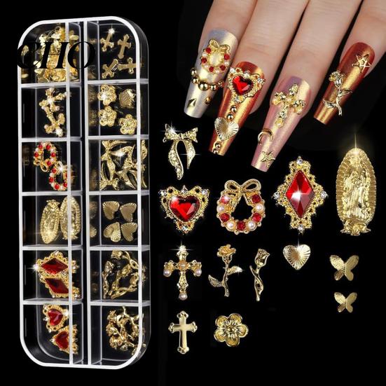 Manicure Charm 1 Set 3D Nail Art Charms 12 Grids Metal Love Heart Long-lasting Accessories Flower Butterfly DIY Design Crafting Decoration Decor