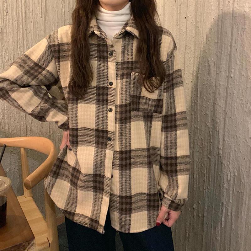 WTEMPO Autumn Winter Thickened Plush Plaid Shirts Women's Vintage Chic Loose Casual Warm Shirt Coats with Buttons