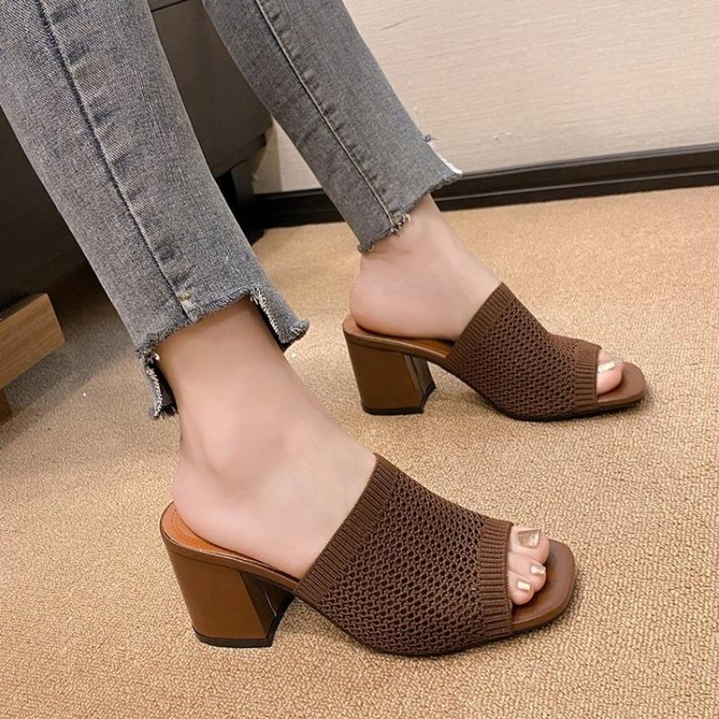 Shoes for Women 2024 New Peep Toe Women's Slippers Fashion Square Toe Casual Slippers Women Summer Plus Size Solid Heels Women