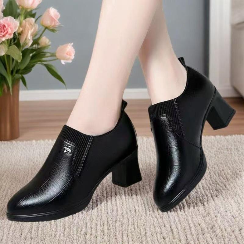 Retro Deep Mouth Elastic Band Single Shoes Autumn New Soft Leather Comfortable Versatile Thick Heel Women's Leather Shoes