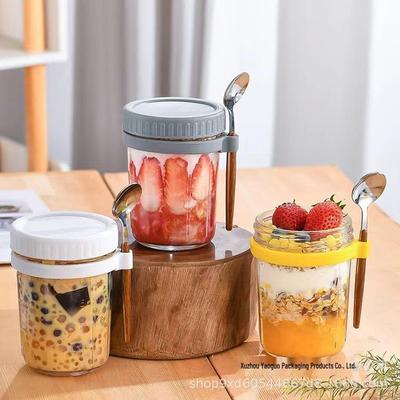 Tragbarer Glas-Frühstücksbecher mit großer Öffnung, Deckel und Löffel für Mädchen - Perfekt für Overnight Oats, Milch, Joghurt oder Salat
