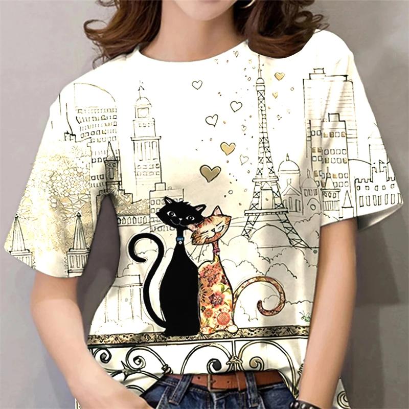 2025 T-Shirt For Women Kawaii Cat Print Tops Summer Oversized Tshirts Womens Clothes O-Neck Tees Female Clothing Fashion Blouse