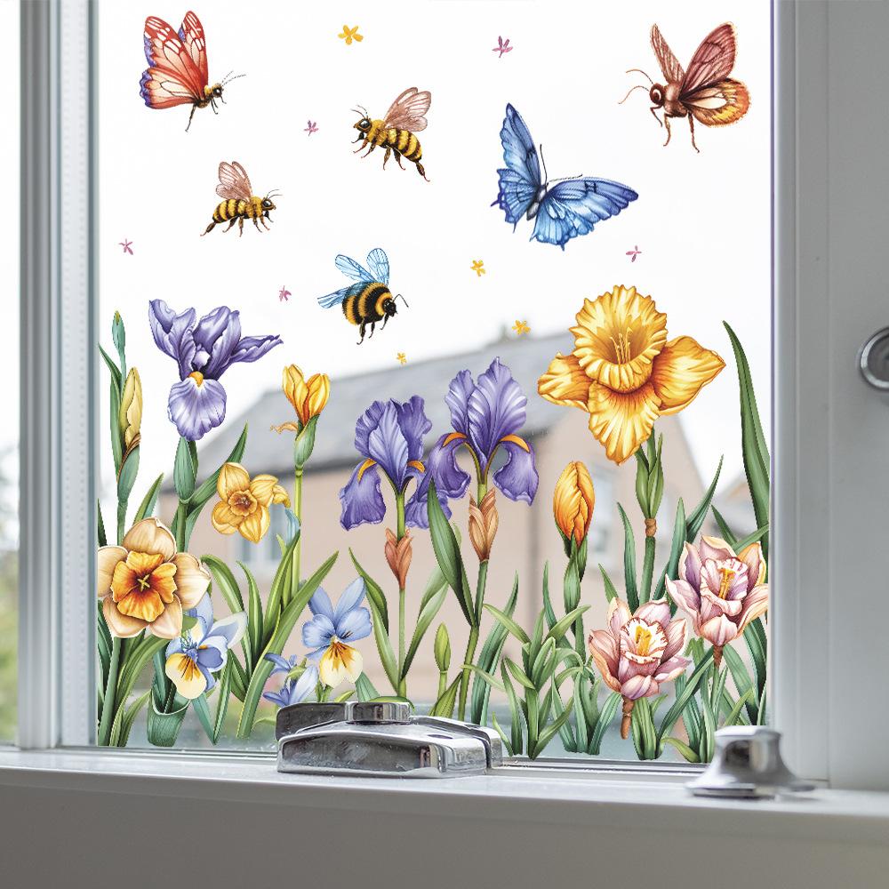 Fresh Hand-Painted Flower Butterfly Static Cling UV Window Sticker for Glass Window Home Decoration