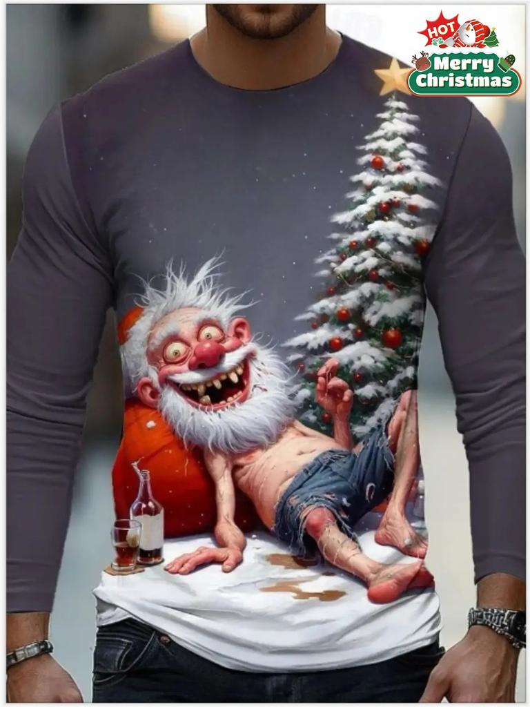 Men 3D Santa Gnome Print Christmas Long Sleeve Tee Plus Size