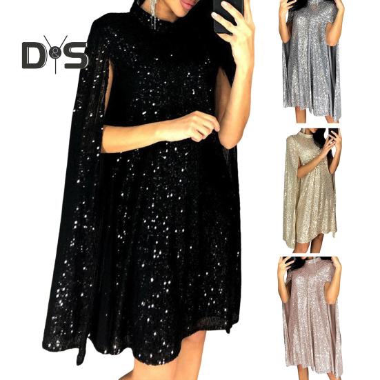 Lady Sequin Dress Stand Collar Sleeveless Slit Design Shimmering Cocktail Party Dress Women Formal Occasion Mini Dress Celebrity Evening Dress