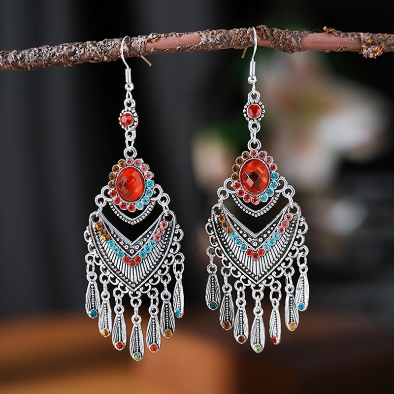 Bohemian Ethnic Colorful Rhinestone Acrylic Drop Earrings for Women Vintage Long Antique Silver Color Tassel Earrings Jewelry