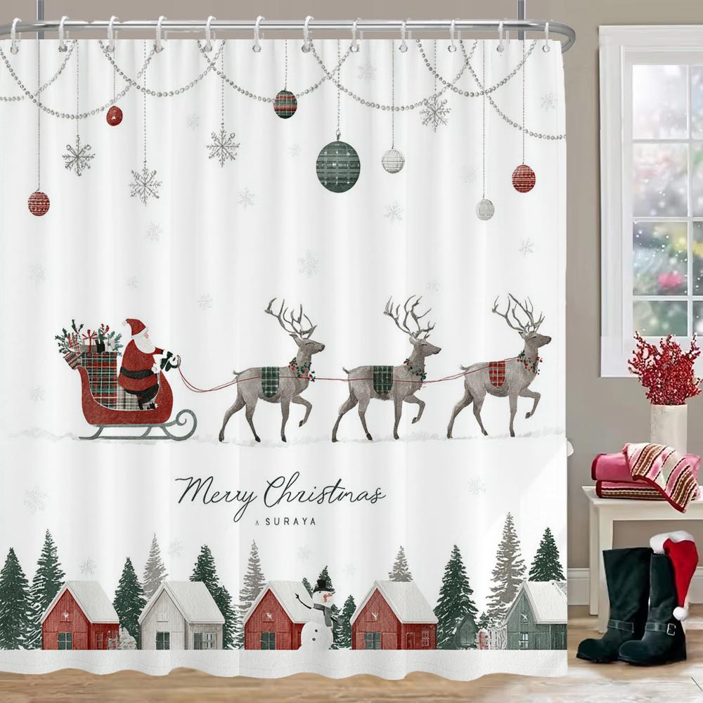 Christmas Elk Shower Curtain With 12 Hooks for Bathroom, Reindeer Bath Curtain With Xmas Lamps, Deer Balls for Holiday Decor