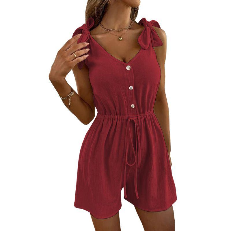

V-neck Waistband Camisole Jumpsuit V Neck Solid Color Waist Tight Strap Jumpsuit Red M