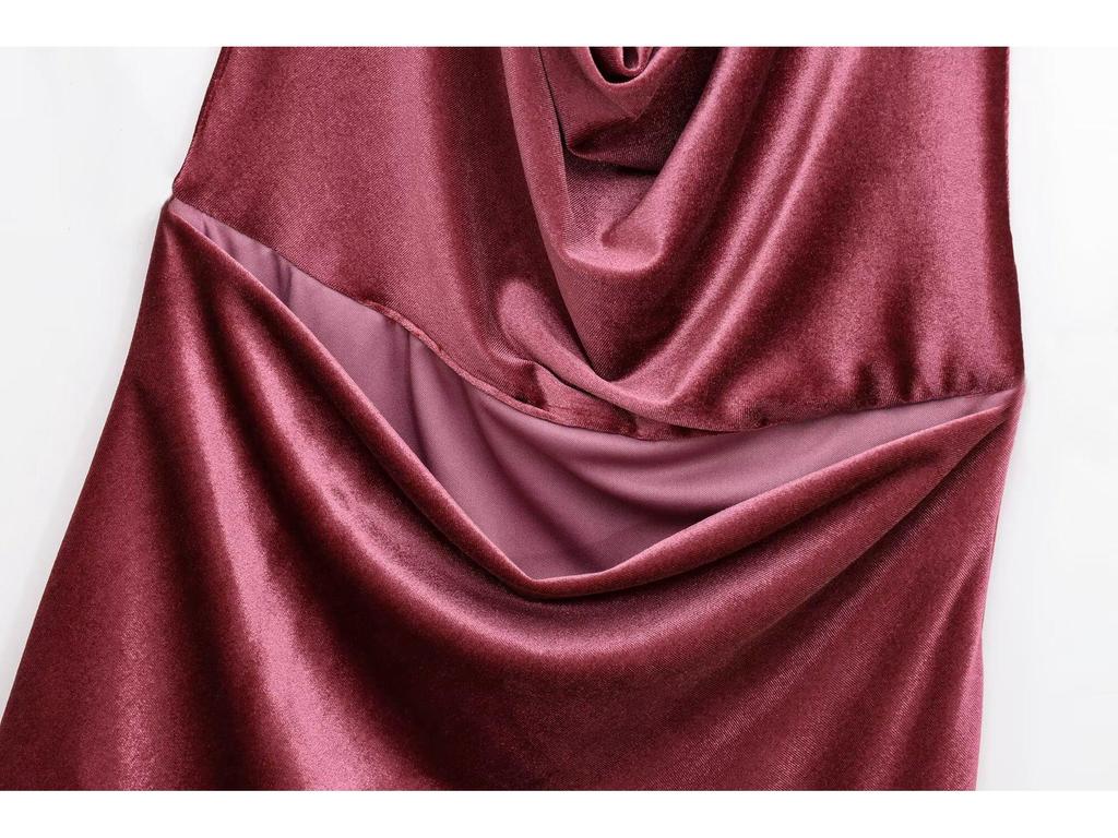 Velvet Halter Neck Backless A-line Midi Dress - Spring & Autumn Women's European Style