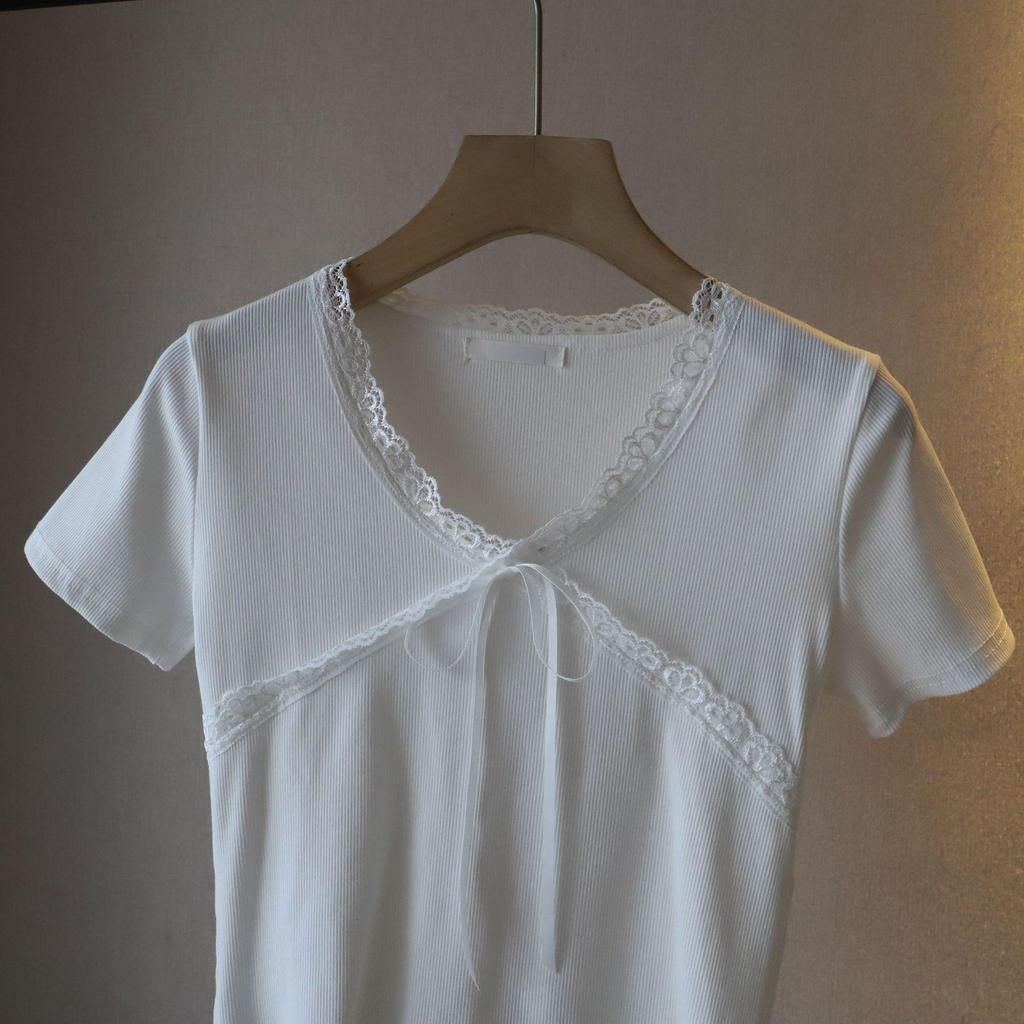 Petite Short-Sleeved Bow Slim-Fit Top - 2025 Korean Style Summer Women's Fashion