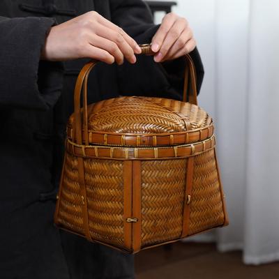 Handmade Retro Bamboo Woven Basket with Lid - Charcoal Olive Carrying Box