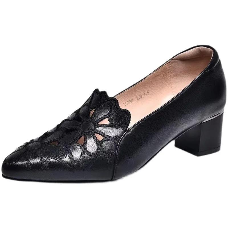 Mid Heel Shoes Women Heels Wedding PU Leather Hollow Out Black Square Heel Formal Shoes Office Lady Spring Fall Zapatos Flats