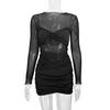 Hot-selling Women's Fashion Round Neck Long-sleeved Mesh Splicing Skirt, European and American Sexy Pleated Hip-wrapped Dress