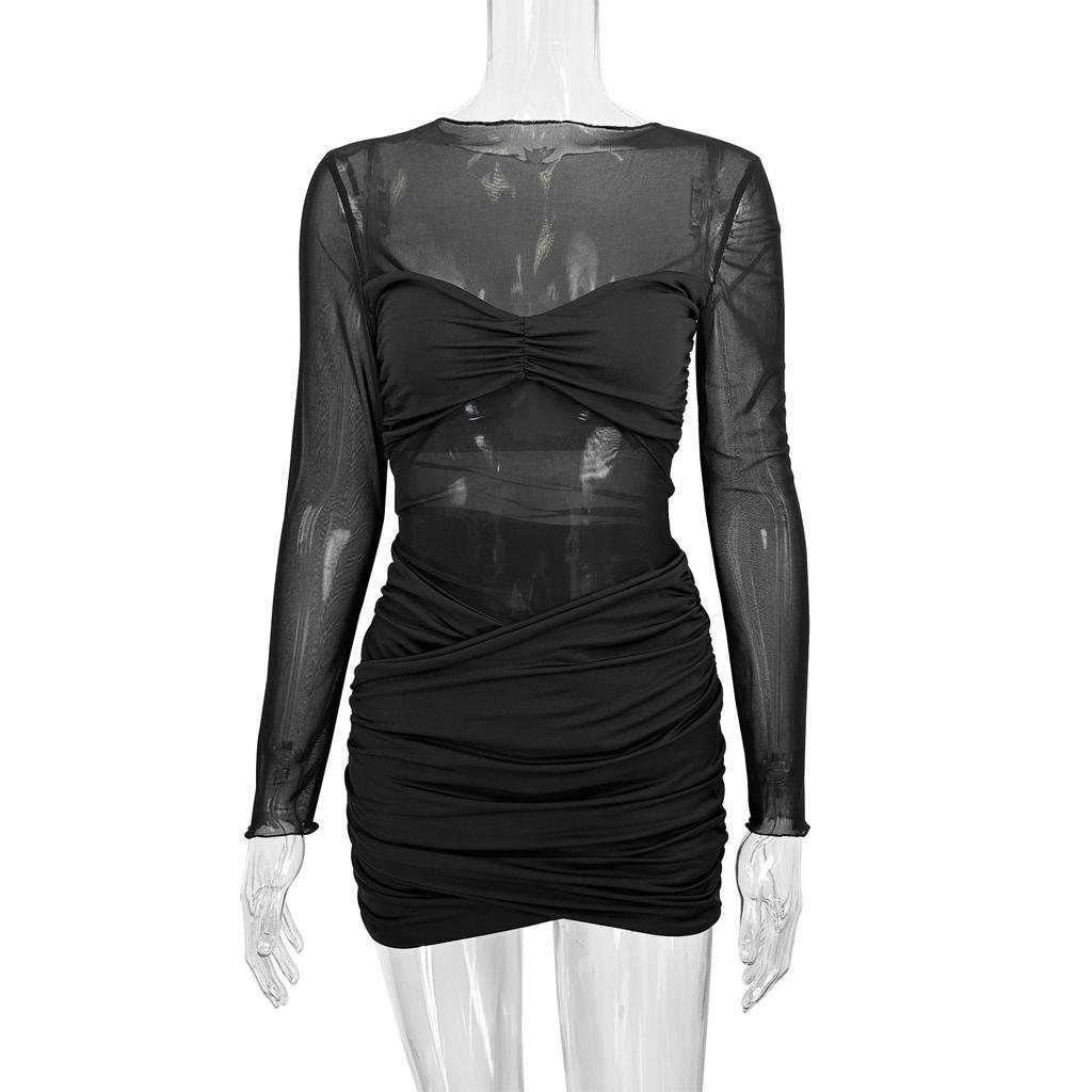 Hot-selling Women's Fashion Round Neck Long-sleeved Mesh Splicing Skirt, European and American Sexy Pleated Hip-wrapped Dress