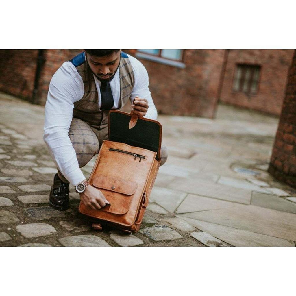 Ekte ekte skinn menns ryggsekk bag laptop Satchel koffert Brun Vintage