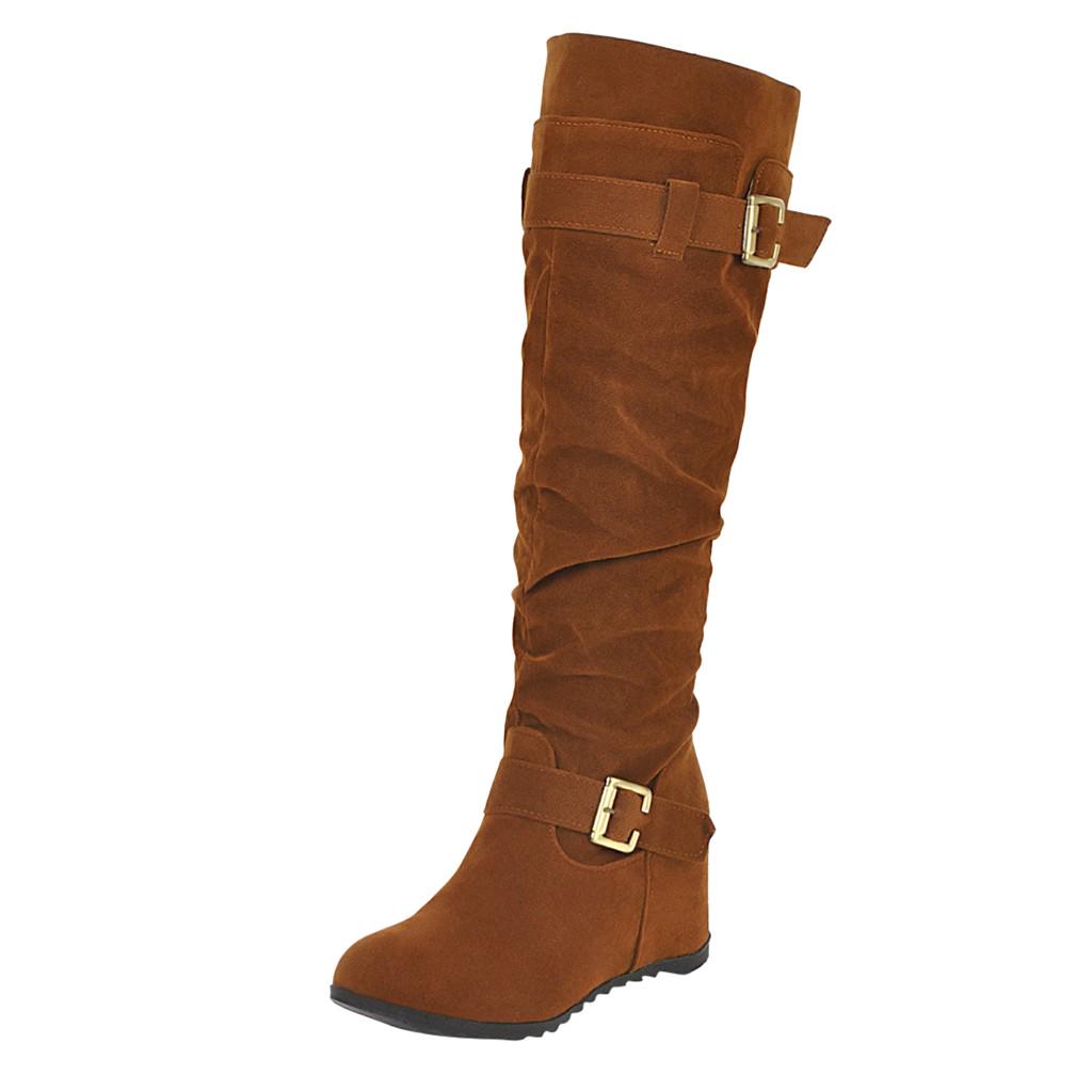 Women's Retro Wedges Buckle Knee Bare Boots Slip-On Casual Long Tube Booties