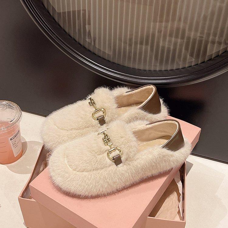 Light Luxury Style Fluffy Shoes Women's 2025 New Autumn and Winter Velvet Warm Platform Shoes One Pedal Women's Shoes Loafers Cotton Shoes