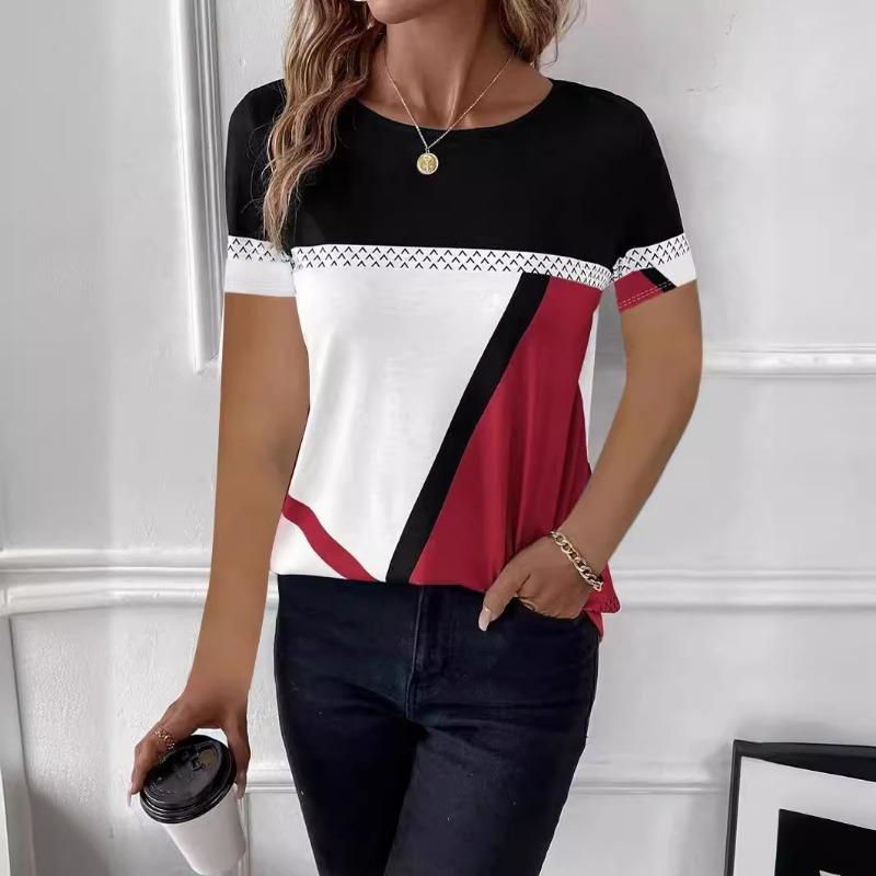 Women Crew Neck Geometric Color Block Print Short Sleeve Loose Casual Tee