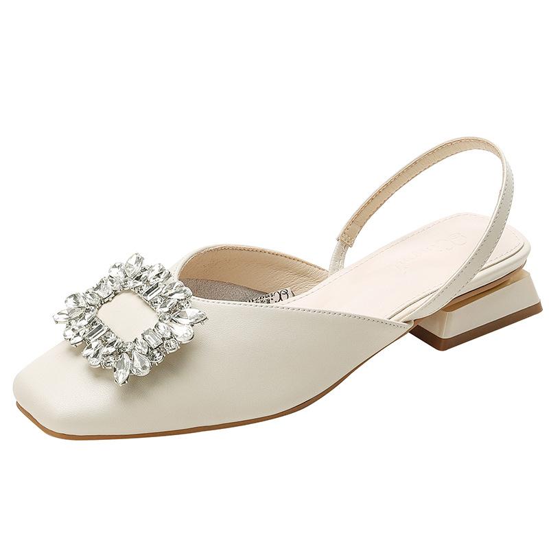 Leather Rhinestone Sandals Bag Head Half Slippers, Fashionable Outer Wear 2025 New Summer Square Head Thick Heel Half Support Single Shoes