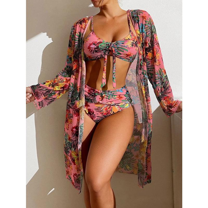 Split Three Piece Floral Printed Swimsuit Women Bikini Set Wireless Bra with Pad Sport Top Long sleeve Blouse Swimwear Plus Size