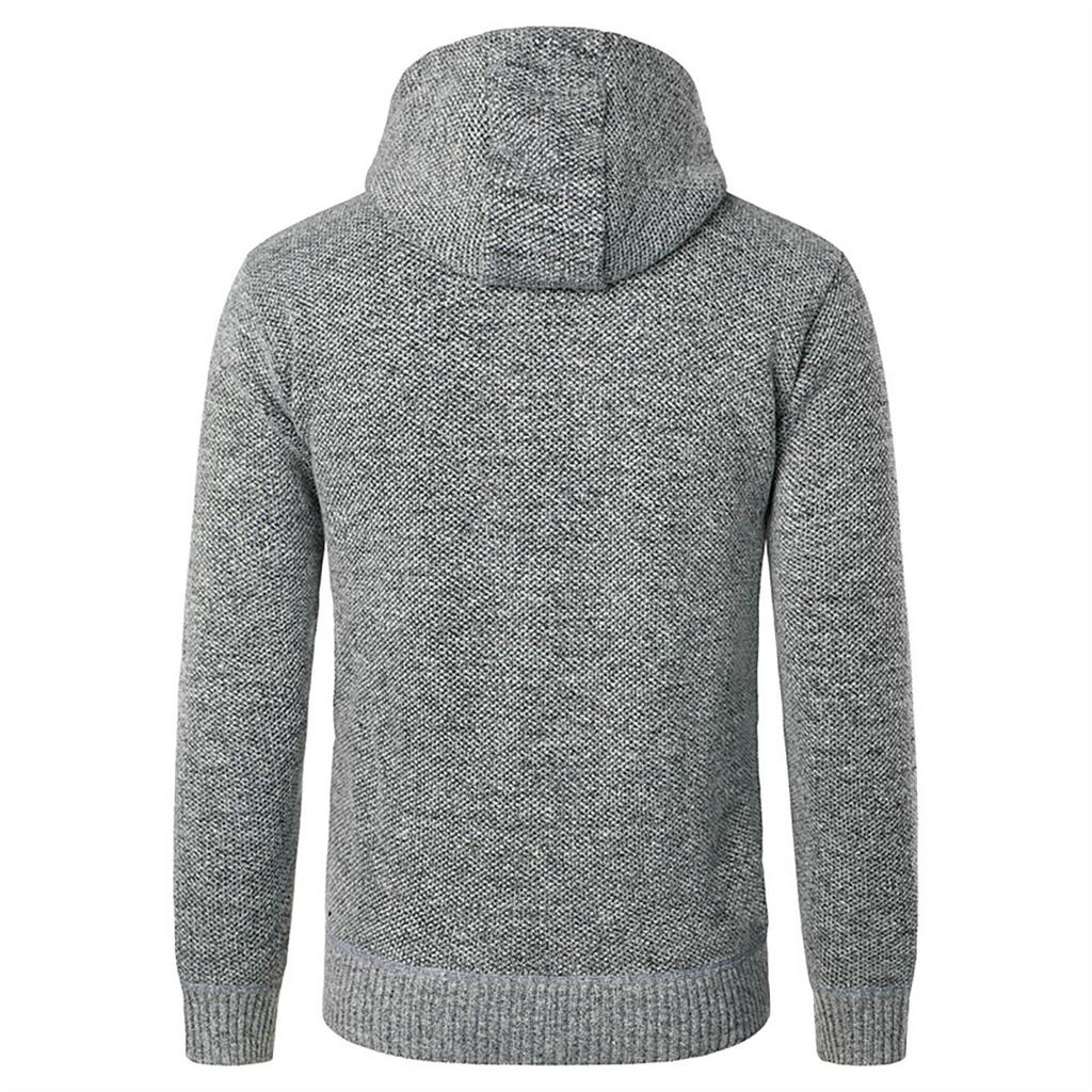 Men's Hooded Plush Plaid Knitting Drawstring Coat Sweater  Warm Solid Color Jackets Tops