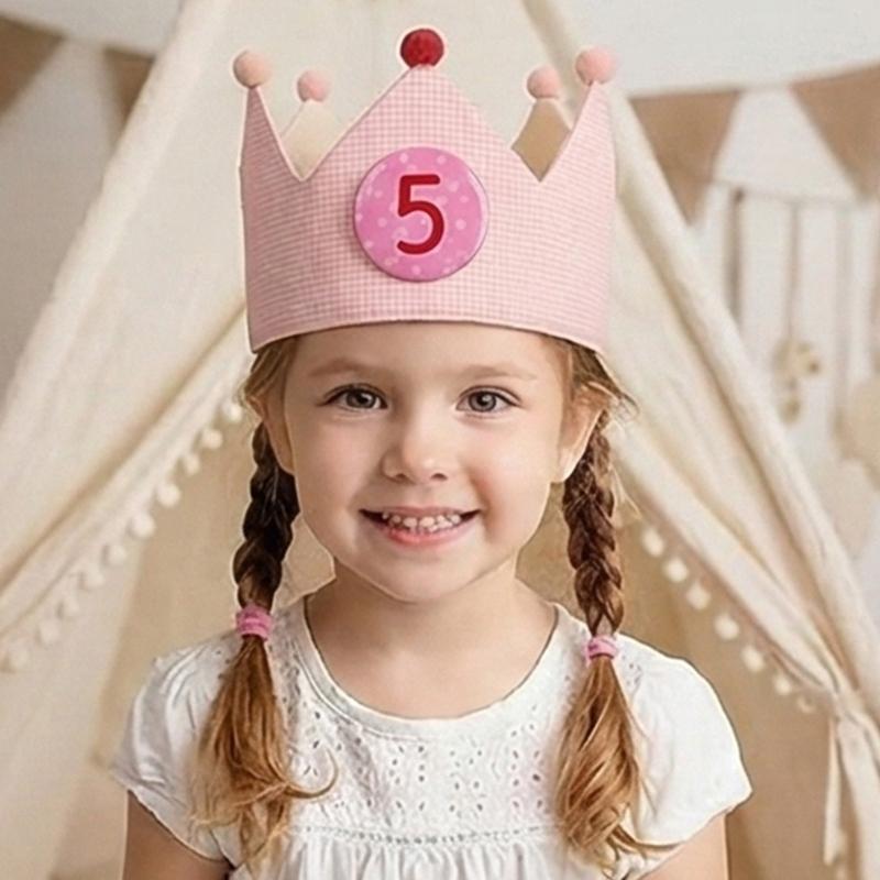 Adjustable Kids Birthday Crowned Hat Soft Cotton Fabric for Photoshoots 0 To 9 Years Reusable Props with Badges