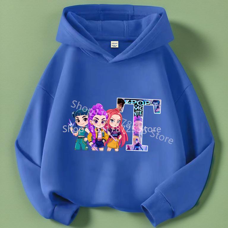 

KPop Demon Hunters blue Hoodies for Children Cartoon Letter Printed Hooded Sweatshirt Girls Autumn Fashion Hoodie Kids Clothes 120