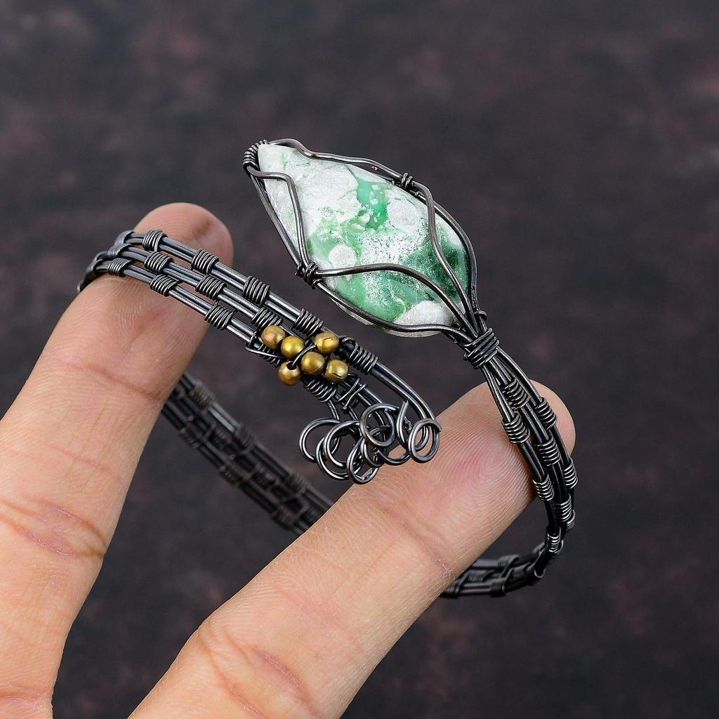 Variscite Bangle Copper Wire Wrapped Gemstone Cuff Bracelet Handmade Variscite Jewelry For Gift Adjustable Bangle Copper Wire Wrap Jewelry