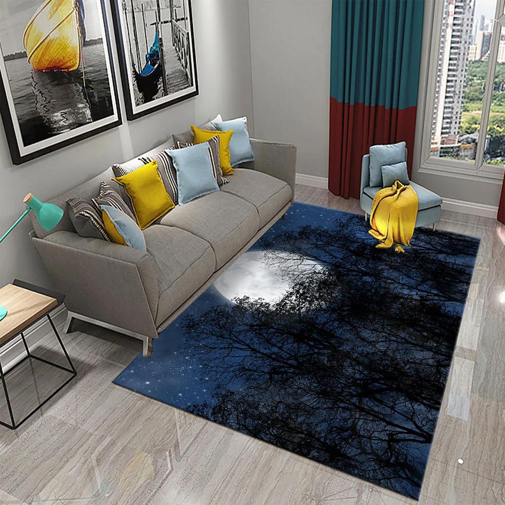 Fantasy Moon Night Forest Carpet Bathroom Non-Slip Mat Black Night Starry Sky Forest Floor Mats Bedroom Living Room Decor Carpet