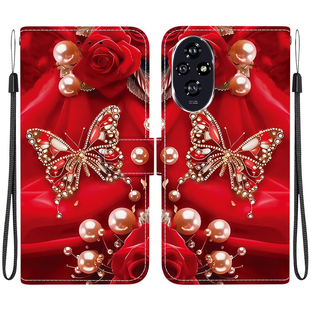 Handmade PU Leather Flip Case for Honor 200/ Honor 200 Pro/ Honor 200 Lite Anti-Slip Shockproof Cover with Wrist Strap & Heart/Rose Cat Designs