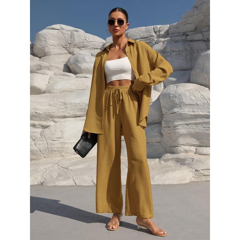 Women's Fashion Solid Color Collar Button Long Sleeve Top Elastic Waist Straight Pants Casual Set