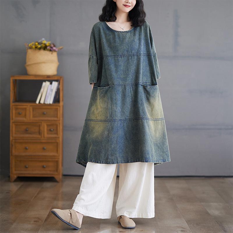 

Plus Size Retro Distressed Patchwork Denim Dress with Big Hem Skirt 2XL