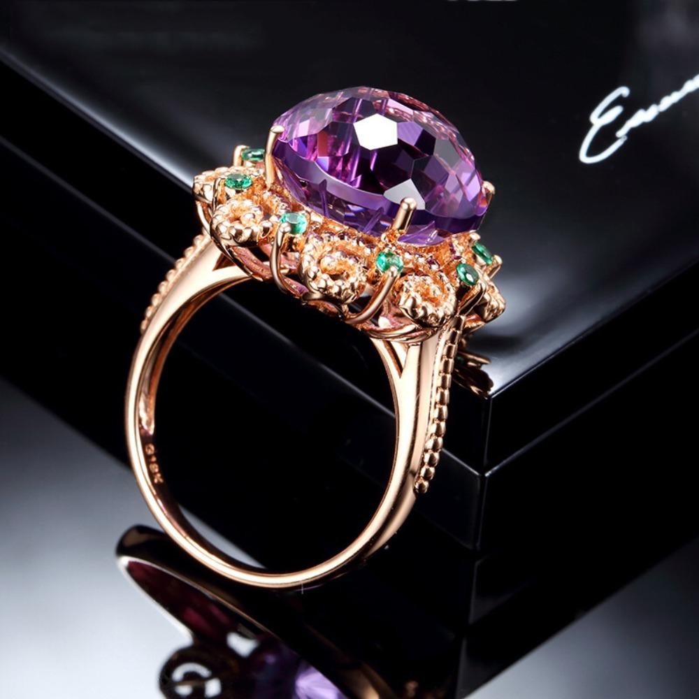 Purple Amethyst Colorful Gemstone Ring 14k Rose Gold Plated Hollow Out Engagement Ring for Women