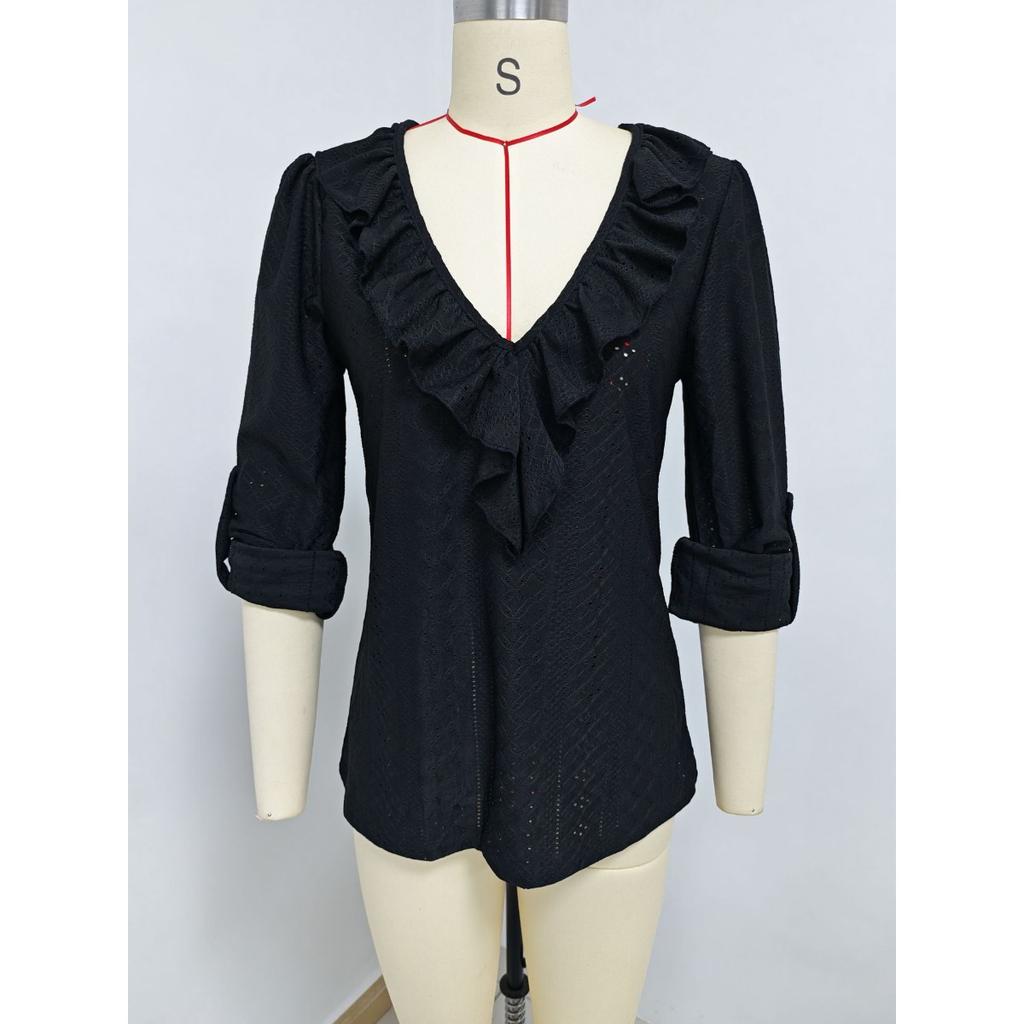 New Women's Long Sleeve V-neck Ruffle Solid Color Elegant Slim Fit Casual Versatile Top for European American Women
