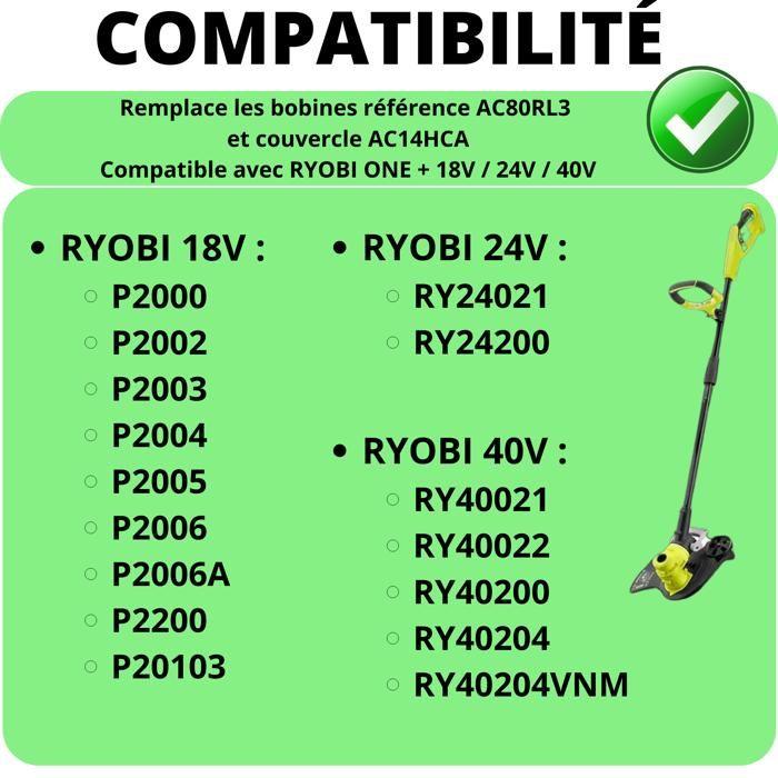 Replacement Trimmer Line Spool AC80RL3 Compatible with Ryobi One+ 18V 24V 40V Ø2mm L3.4m [Set of 9 Spools + 2 Covers] Phonillico®
