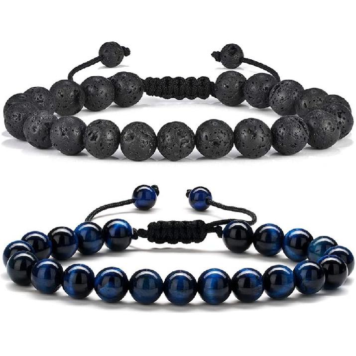 M MOOHAM Mens Bracelet - Beaded Natural Stone 8mm Tiger Eye Matte Agate Lava Rock Bracelets for Men Teen Boys Grandpa Dad Birthday Gifts Jewelry