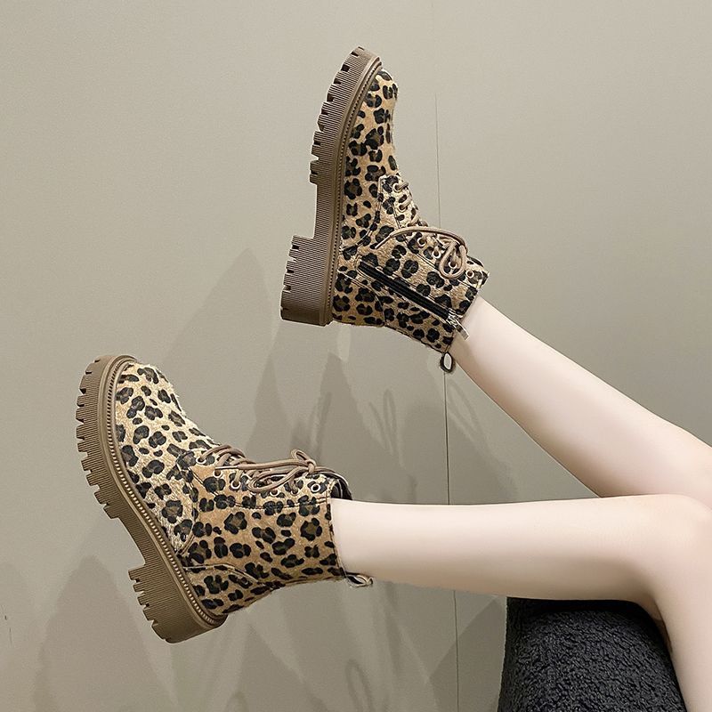 Fashion Autumn Winter Round Toe Leopard Print Ankle Boots for Women Chunky Lace-up Woman Short Shoes Y2k Goth Fleece-Lined Biker Booties