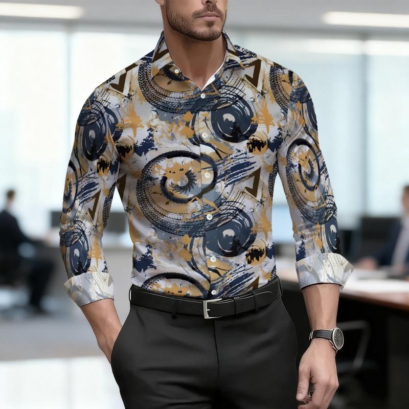Men s shirt retro fashion printed shirt slim fit business commuting long sleeved shirt spring and autumn trendy casual men s top S