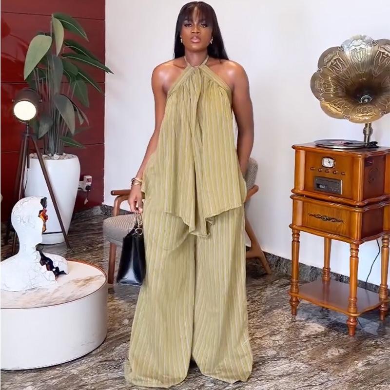 European and American Women's Clothing Autumn New Fashion Casual Neck Loose Top Striped Wide-leg Pants Set