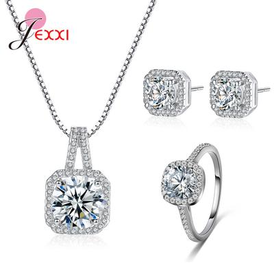 Luxury Wedding Bridal Jewelry Sets 925 Silver Needle with AAA Cubic Zircon Stone Inlay Paved Pendant Necklace Earrings Ring
